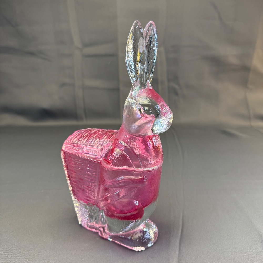 Vintage Pink Glass Bunny Rabbit Basket Candy Dish Heavy Easter Cottagecore Decor